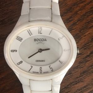 Boccia Titanium ladies white ceramic watch with oval dial.